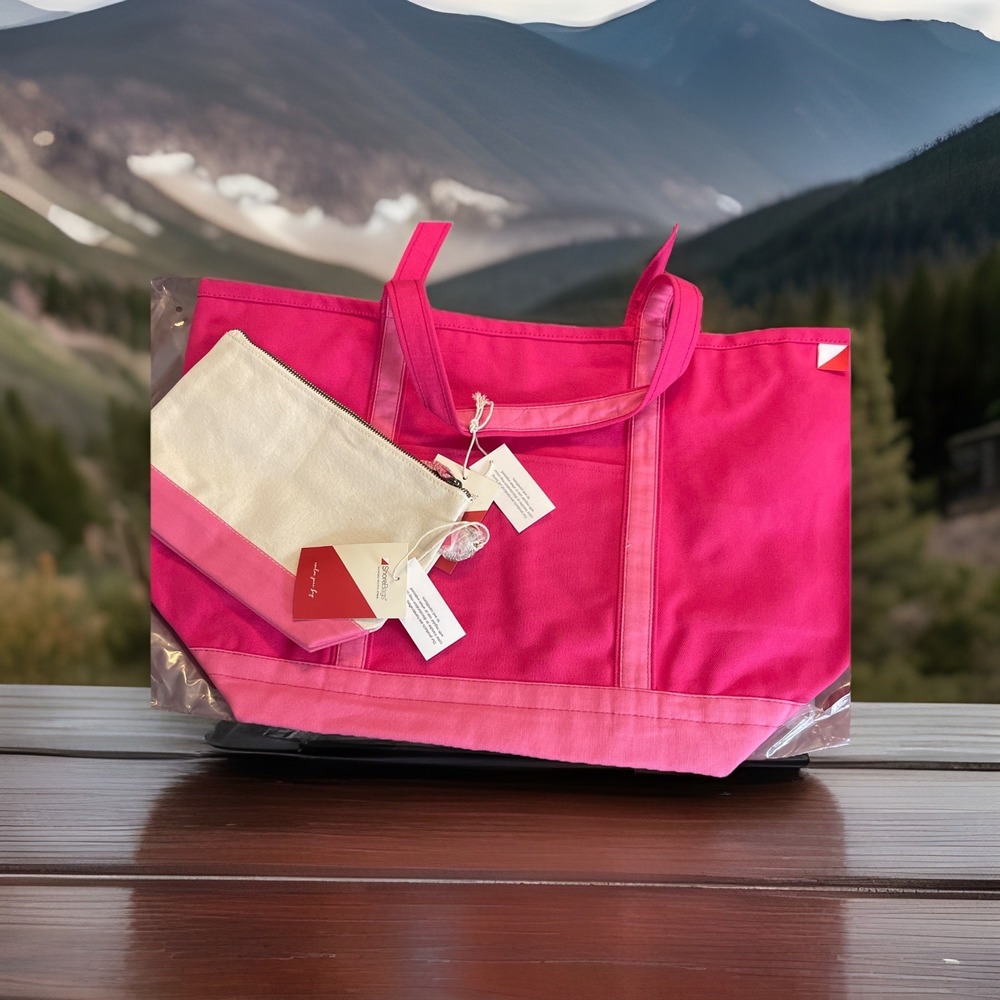 Shore Bags Pink White cotton canvas Ex Large Tote Beach Travel bag + Sm Pouch‎